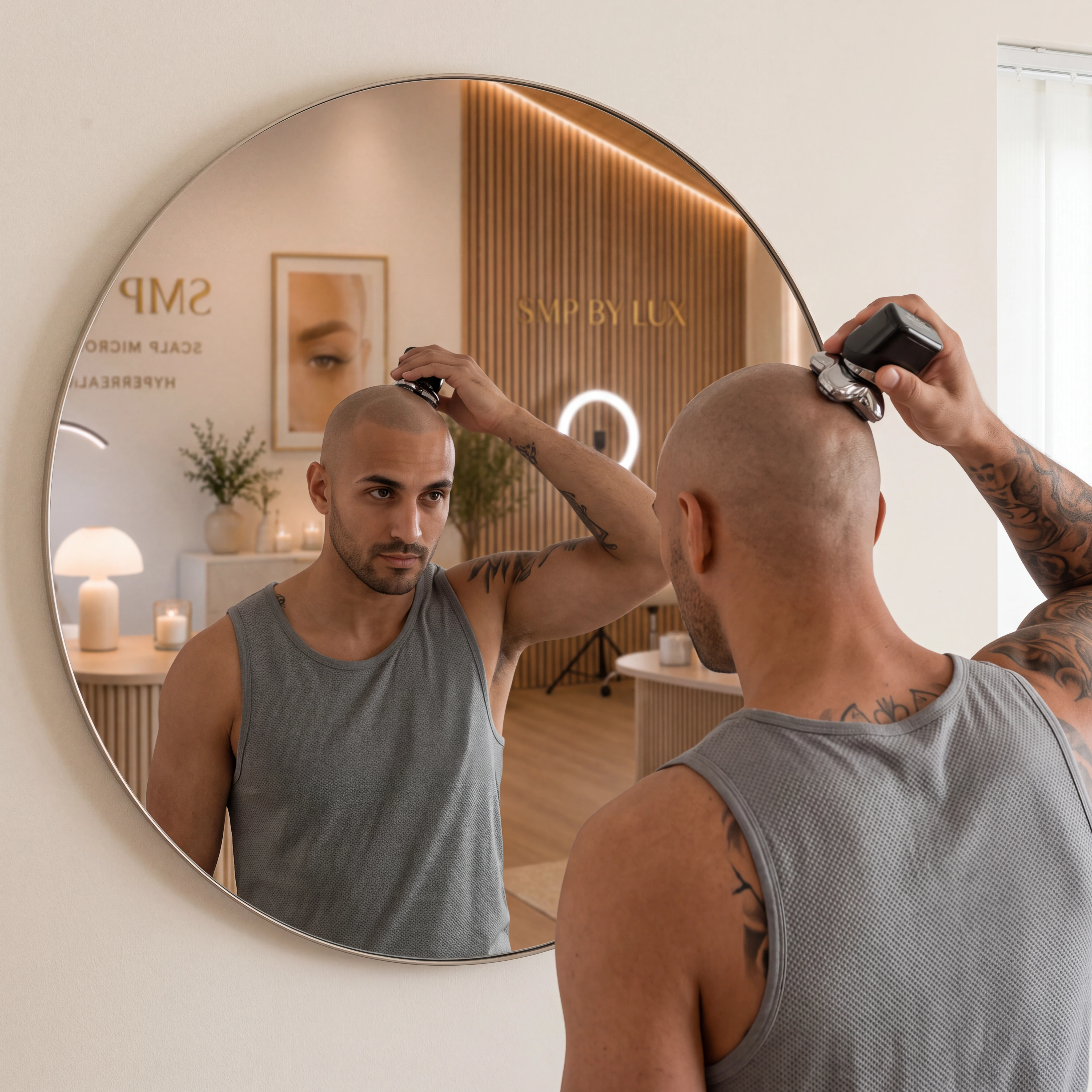 SMP By Lux client shaving his scalp to maintain a natural-looking result