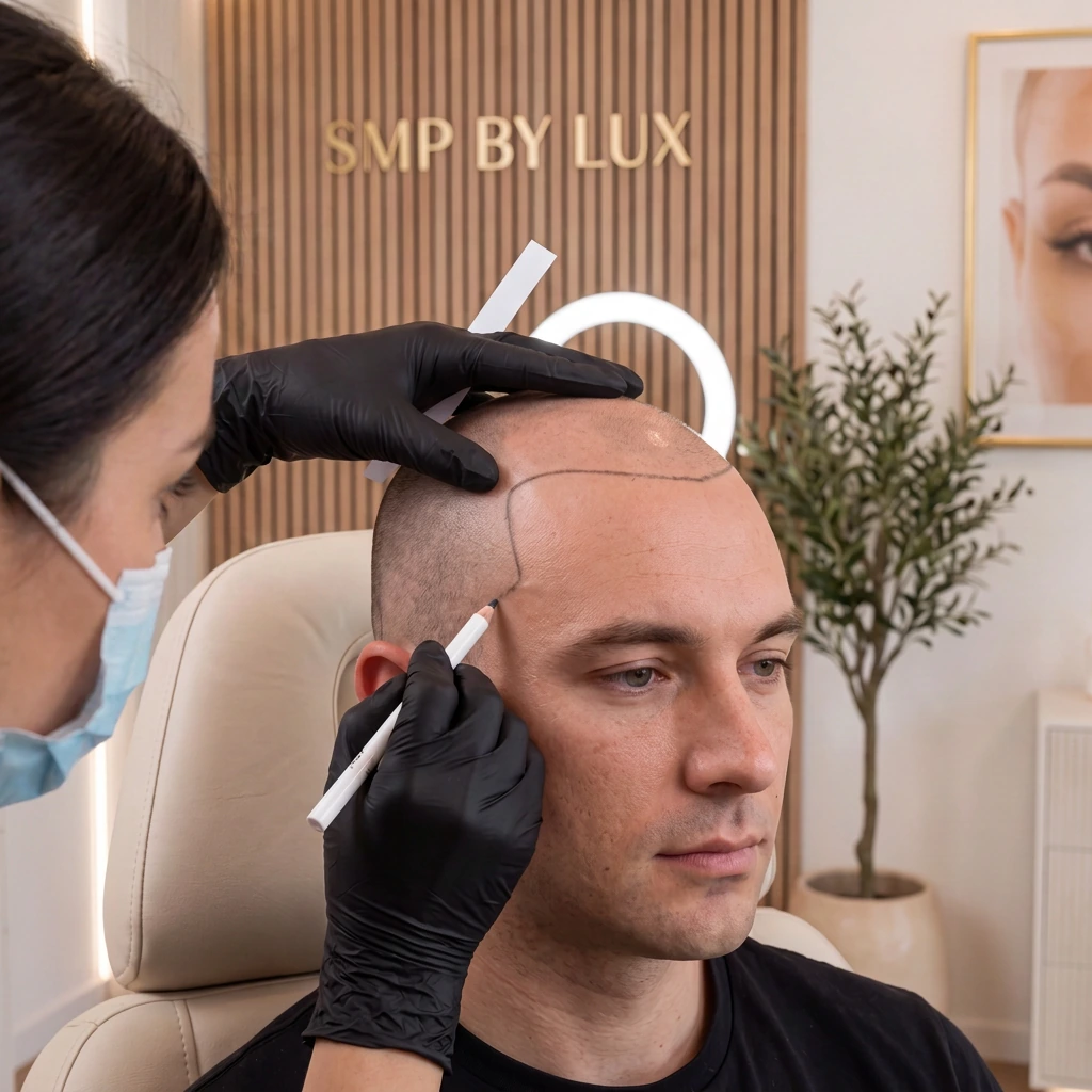 Lux designing a client's hairline before scalp micropigmentation treatment