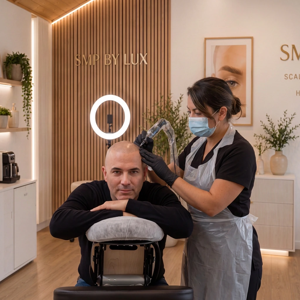 Lux performing a scalp micropigmentation treatment with a client at SMP By Lux